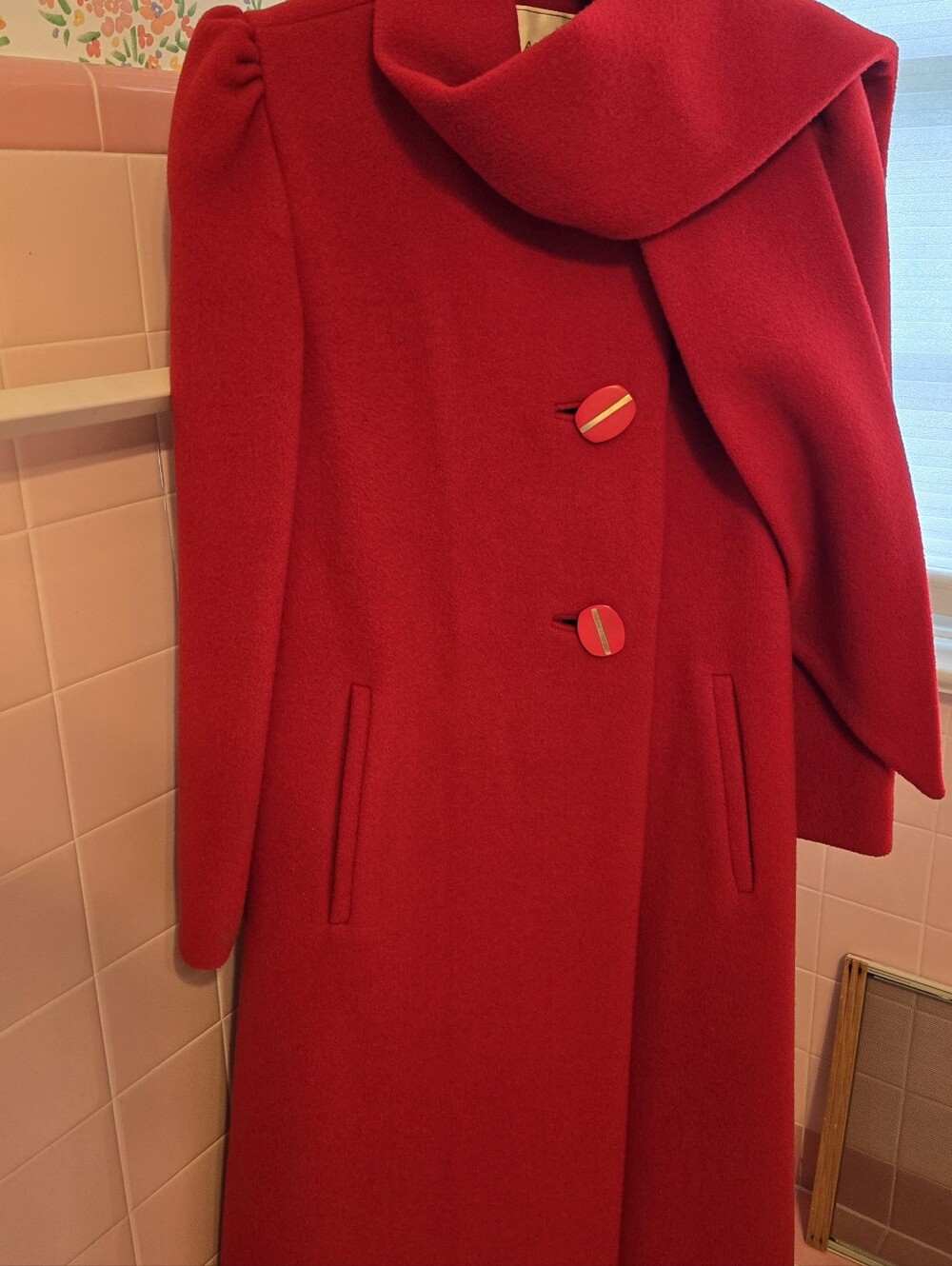 Classic Red Wool Designer Coat with Draped Scarf Collar